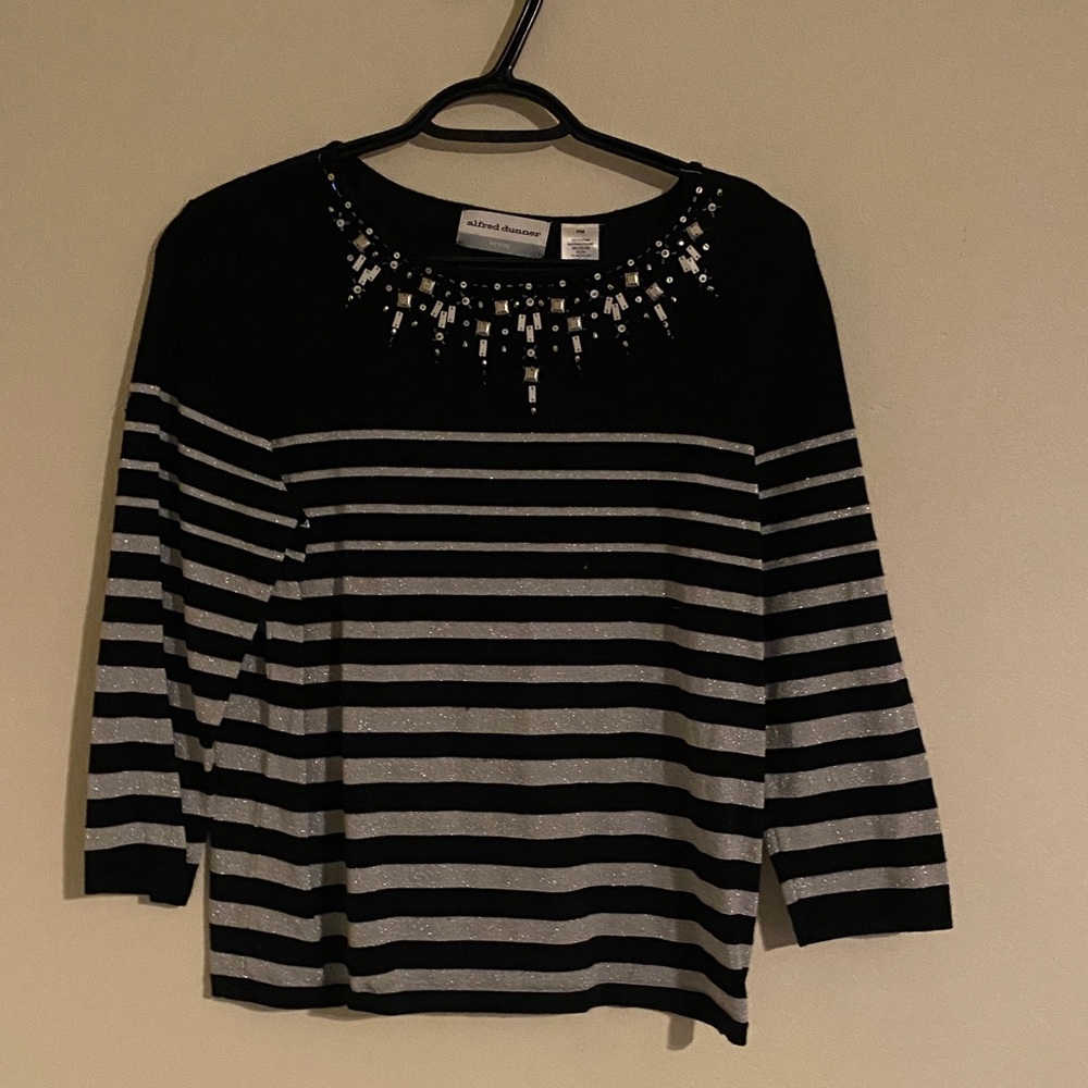 Alfred Dunner Black and Silver/Gray/metallic blend Striped Knit 3/4 sleeve